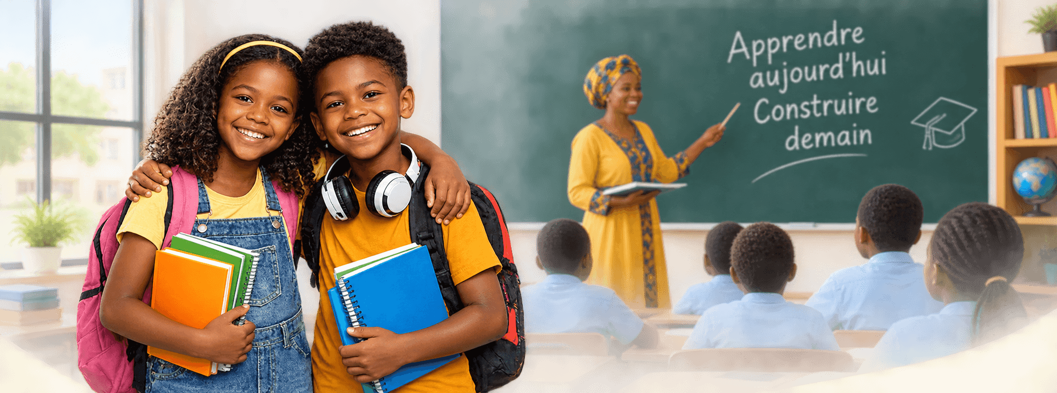 Deux élèves souriants devant une classe où une enseignante a écrit au tableau « Apprendre aujourd'hui, construire demain »